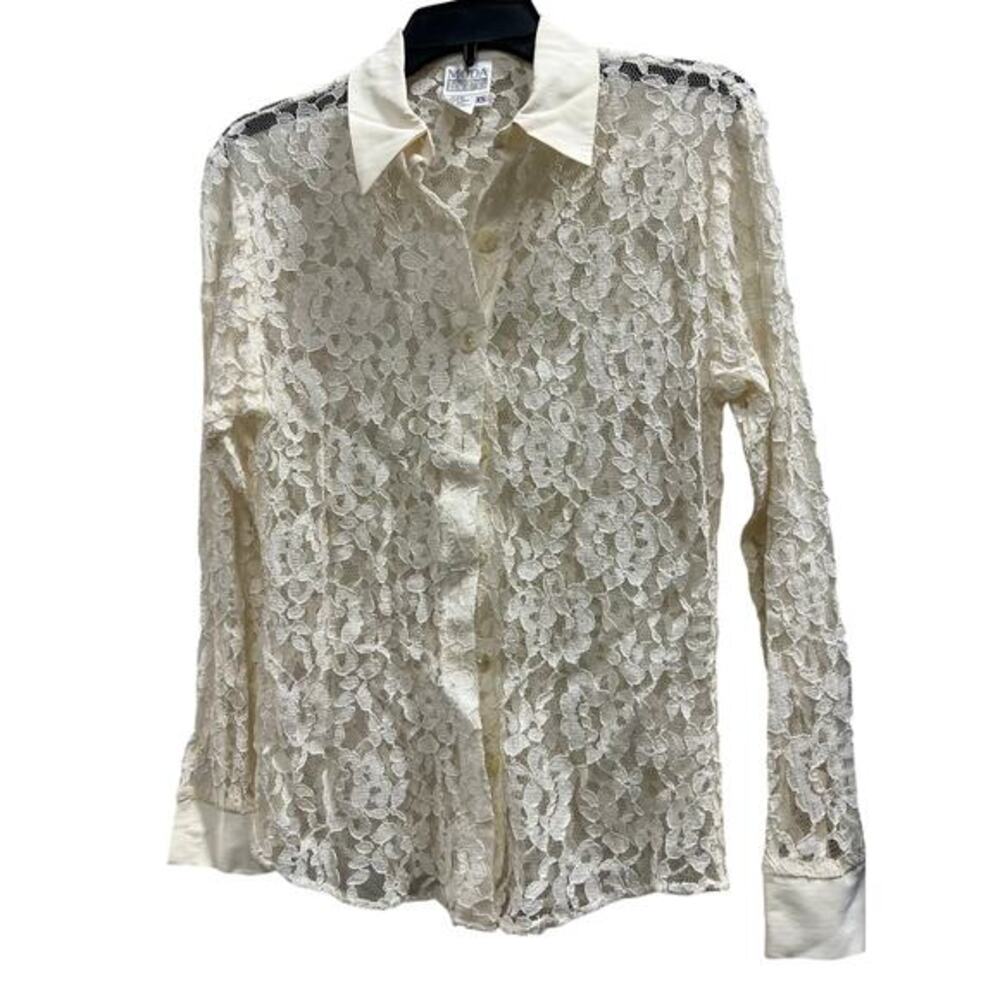 Moda International Vintage full lace oyster button blouse festival boho sz XS